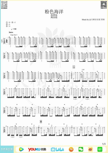 粉色海洋指弹吉他谱_周杰伦_高清独奏谱_指弹吉他教学视频1